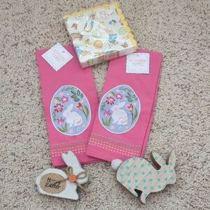 Bunny Bundle Charming Pink Bunny Kitchen Towels (2), Napkins & 2 Wooden Bunnies